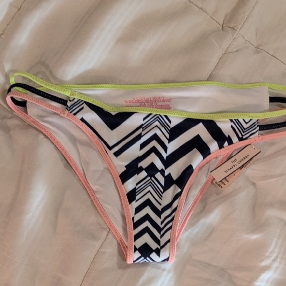 Victoria's Secret Chevron Strappy Cheeky Bikini Bottom - Navy, White, Pink, Neon